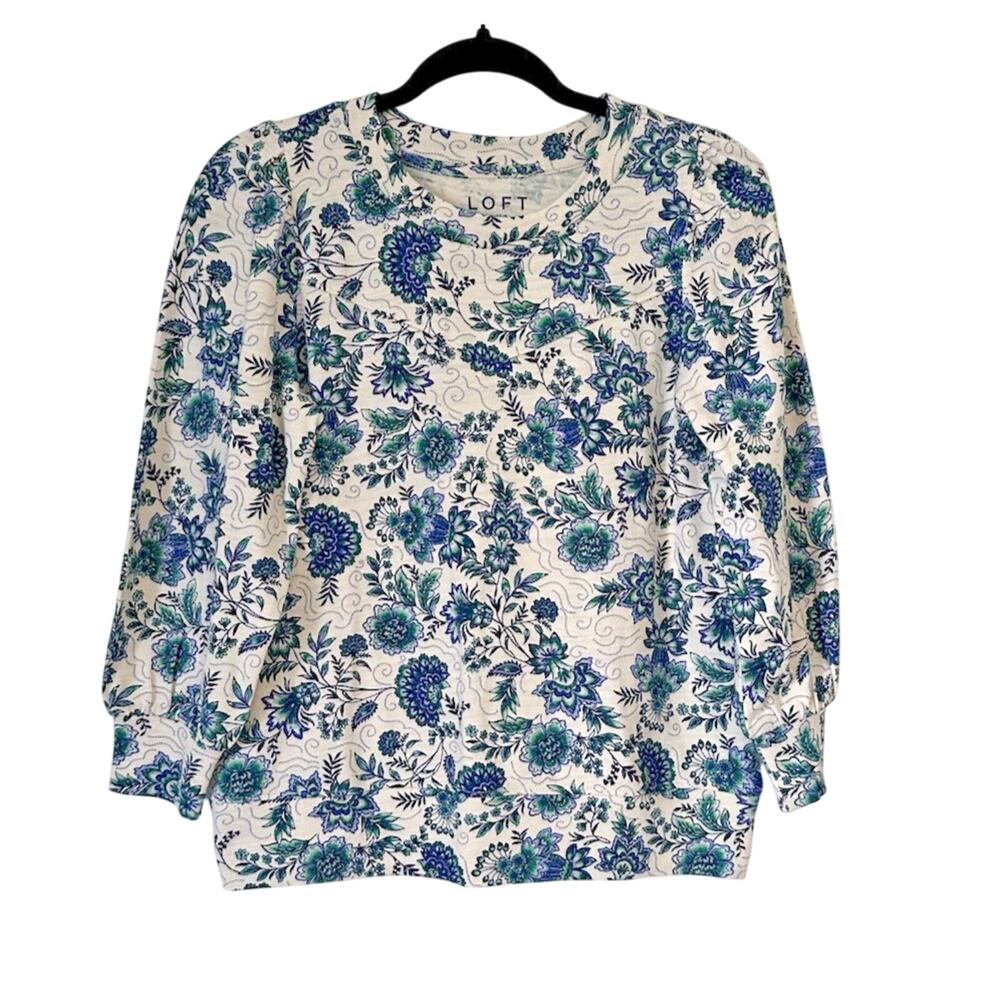 Loft Womens Floral Garden Puff Sleeve Sweatshirt Top XS 100% Cotton SP 23 NWT